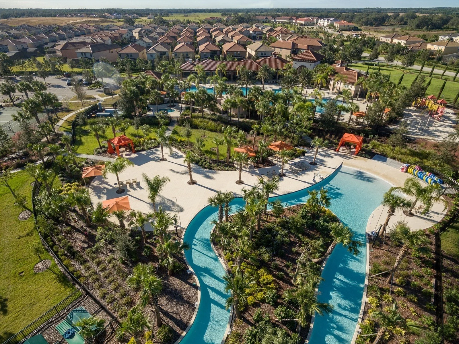 Aerial view of Solterra Resort lazy river and resort community
