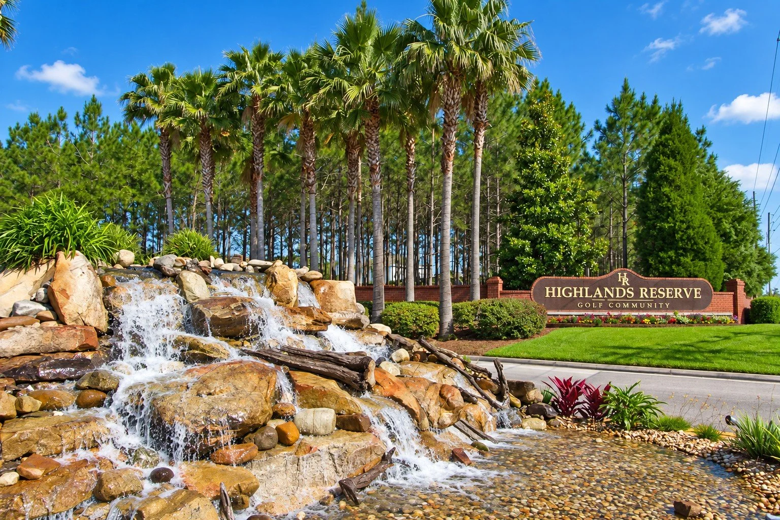 Highlands Reserve Golf Community entrance with waterfall